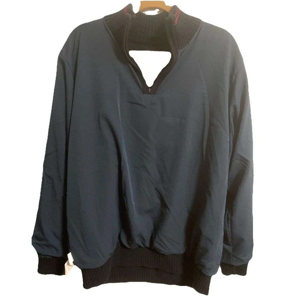 Mens Large LL Bean Cotton Knit 1/4 Zip Navy Sweater Heavy Weight Fully Lined